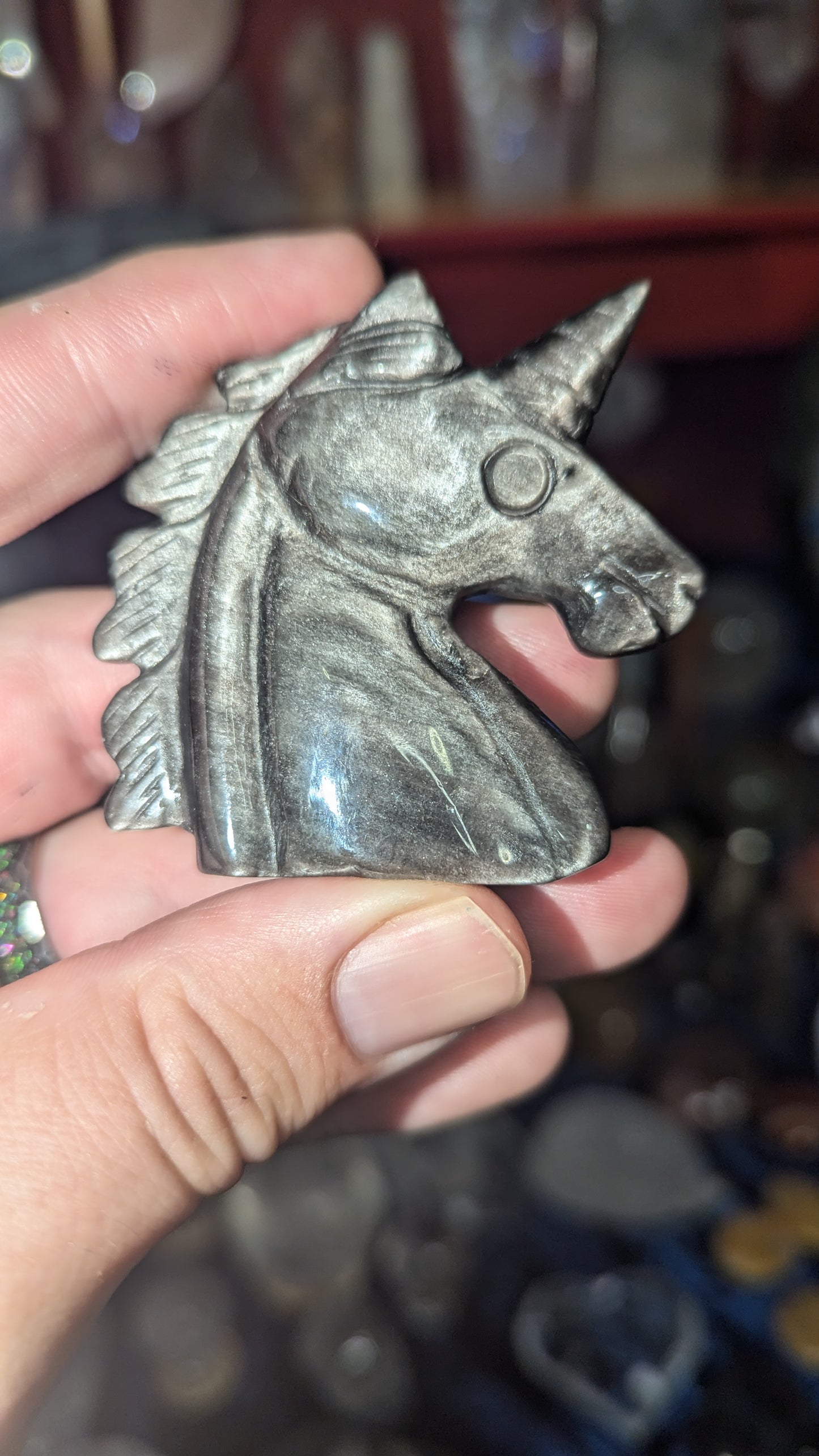 Flashy Obsidian Unicorn Carving