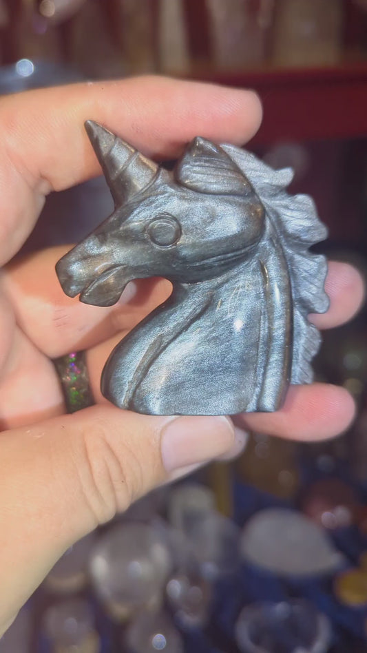 Flashy Obsidian Unicorn Carving