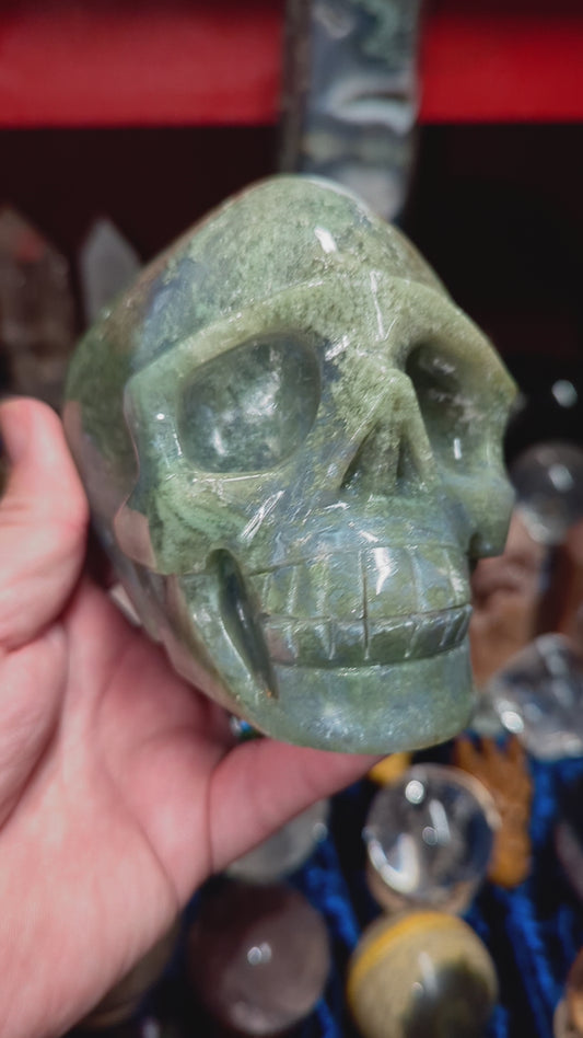 Large Moss Agate Skull